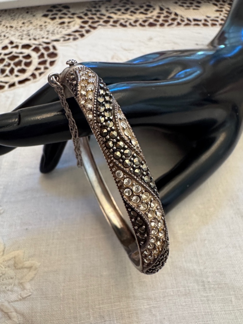 Crystal Marcasite Sterling A925 Hinged Bangle Bracelet With Security Chain